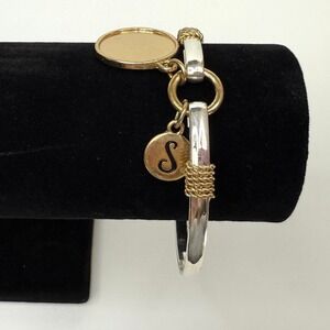 Two Tone Charm Bangle Bracelet Gold & Silver Tone Fashion Jewelry Size 7